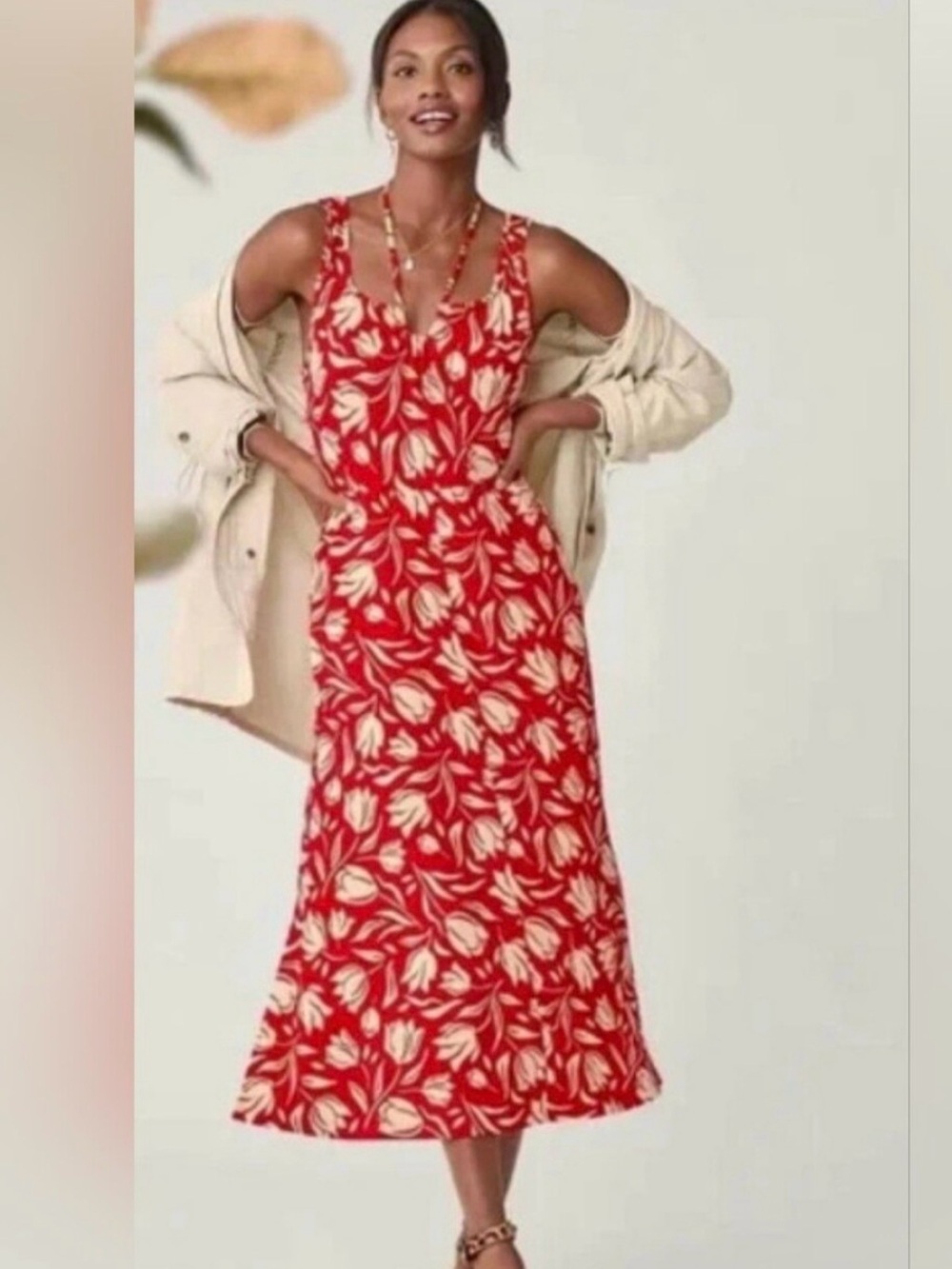 Red Floral V-Neck Midi Dress - Women